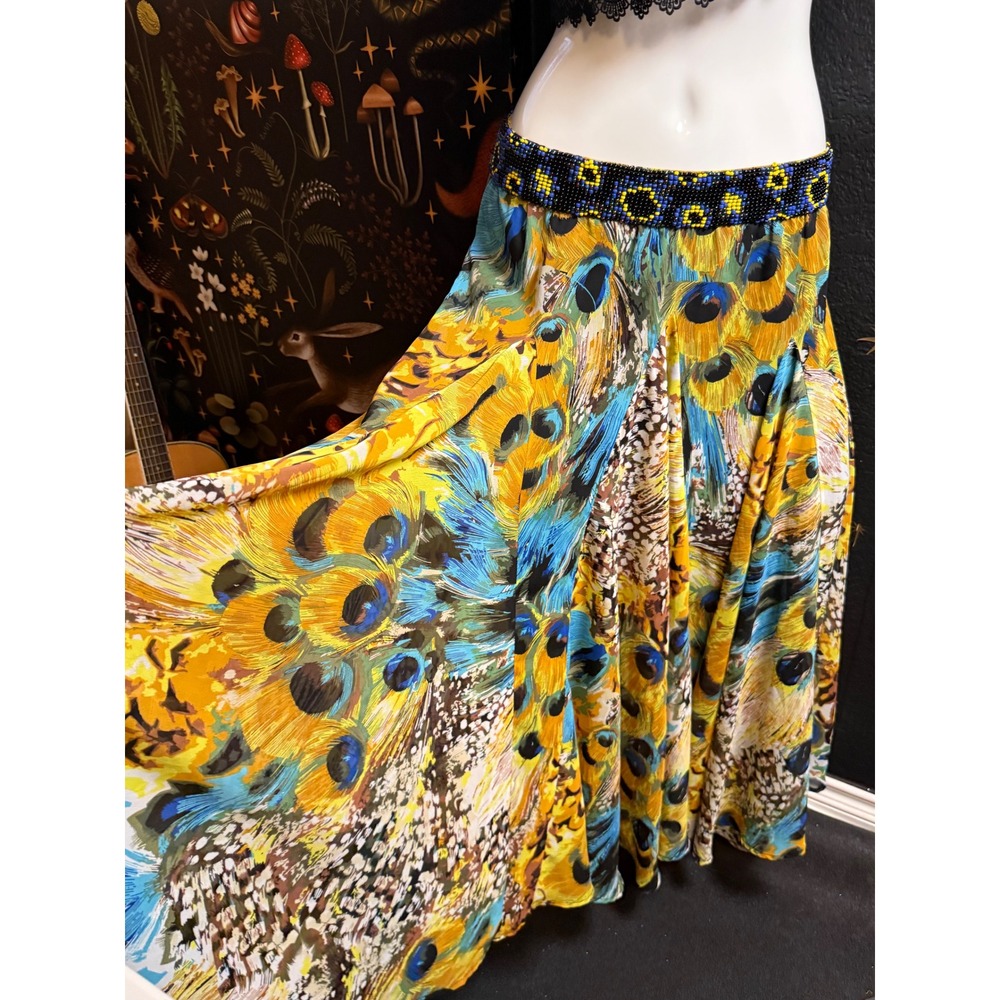 Indikka Women Yellow Blue Peacock Feather Print Beaded Waist Maxi Skirt Size M